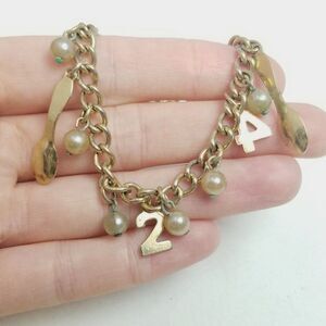Vintage Gold Tone Charm Bracelet, 2 4 Spoons and Faux Pearls, Retro Estate